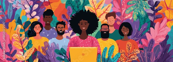 Obraz 多様な人々がカラフルな熱帯の葉の背景の中でラップトップを囲む、インクルーシブなチームワークとテクノロジーのベクターイラスト