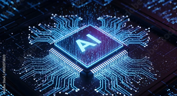 Fototapeta Artificial Intelligence Microchip on Dark Circuit Board with Blue Light