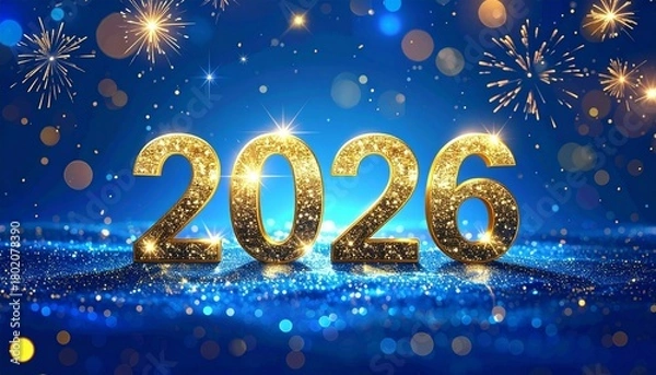 Obraz Giant, sparkling gold '2026' numbers standing on a reflective, glittery royal blue surface, surrounded by bright bokeh lights and golden New Year's Eve fireworks. (188 characters)