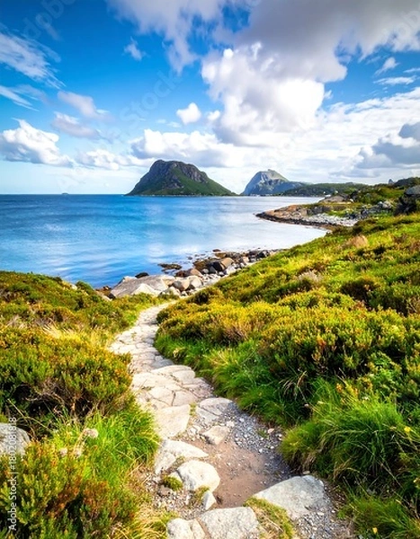 Obraz Scenic coastal path leading to mountains under a vibrant sky