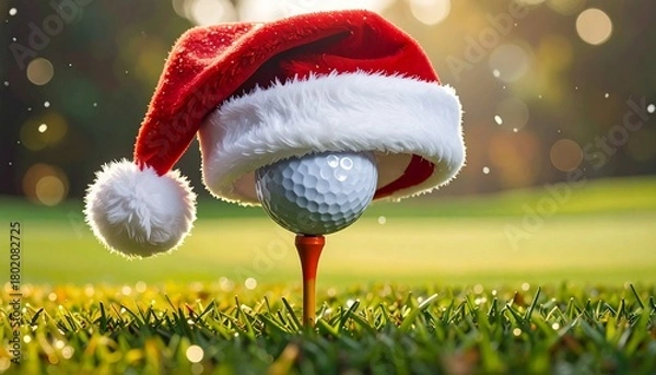 Obraz A golf ball resting on a tee, topped with a miniature Santa hat, set on lush green grass on a sunny golf course, symbolizing Christmas sports and holiday golf. (178 characters)