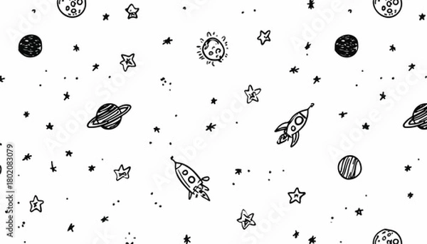 Obraz 手描き風のロケット、惑星、星が描かれた白黒の宇宙シームレスパターンのベクター背景素材。