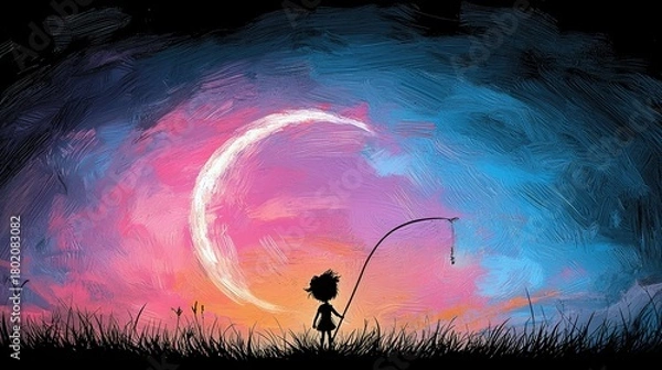 Obraz A child stands in silhouette on grassy ground, holding a fishing rod with a small fish on the line, beneath a large crescent moon and a vibrant, painterly sky.