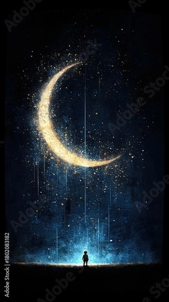 Obraz A solitary child stands in silhouette, gazing upwards at a luminous crescent moon surrounded by a shower of golden stars against a deep blue night sky.