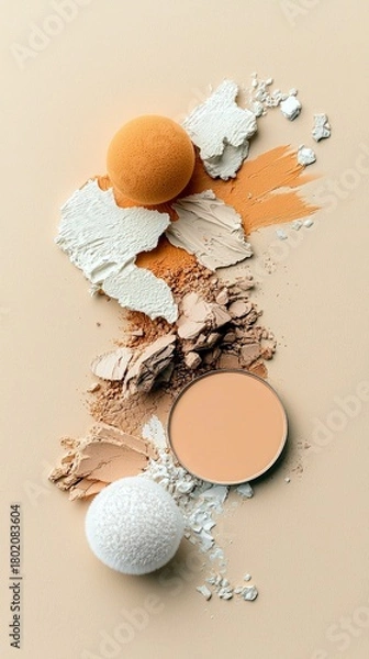 Obraz A flat lay composition of scattered makeup products including powder, foundation, and sponges, arranged on a plain background.