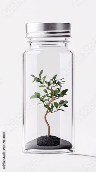 Obraz A small, healthy green plant with a brown stem is growing in a clear glass jar filled with dark soil and pebbles, topped with a silver lid.