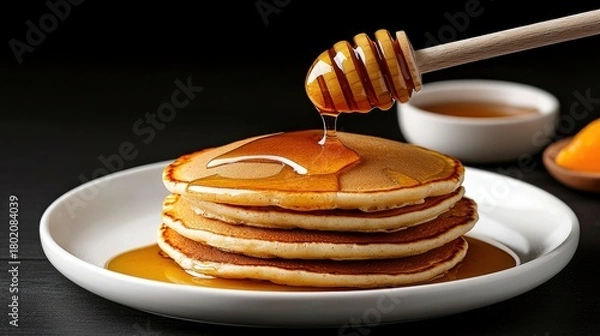 Obraz A close-up shot shows a stack of fluffy pancakes being generously drizzled with golden honey from a wooden dipper, served on a white plate.