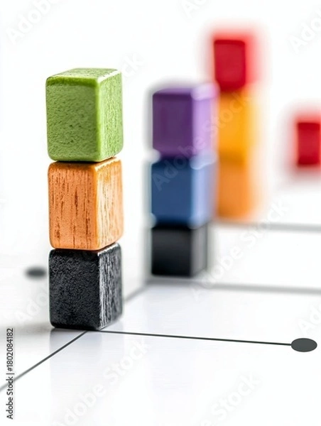 Obraz Colorful wooden blocks stacked in ascending order on a white surface with lines, symbolizing progress and data.