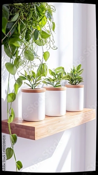 Obraz A minimalist arrangement of three white ceramic planters with wooden lids, each holding a small green plant, are displayed on a light wood shelf.