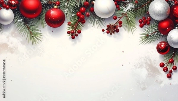 Fototapeta A festive Christmas border featuring snow-dusted green pine branches, red and white baubles, holly berries, and pinecones, framing a bright, textured white background. (186 characters)