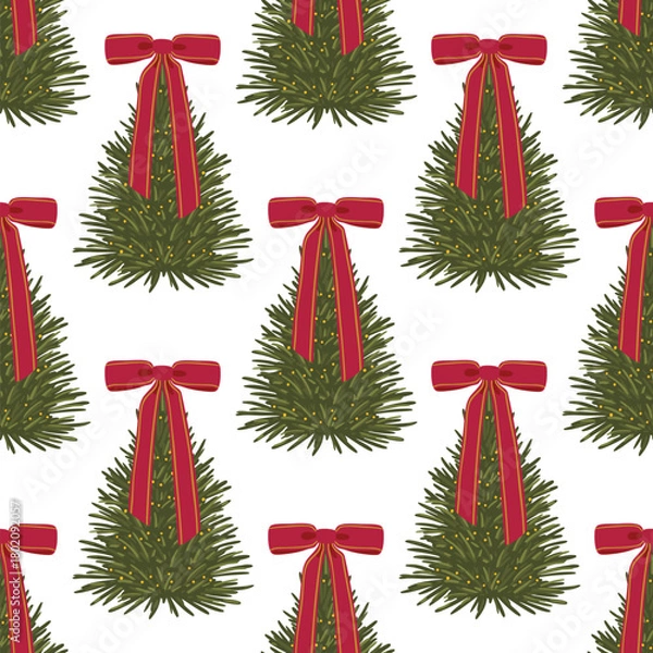 Obraz Festive seamless pattern of Christmas trees decorated with small gold lights and classic red bows on white. Elegant, traditional, and merry for packaging and holiday fabric print.