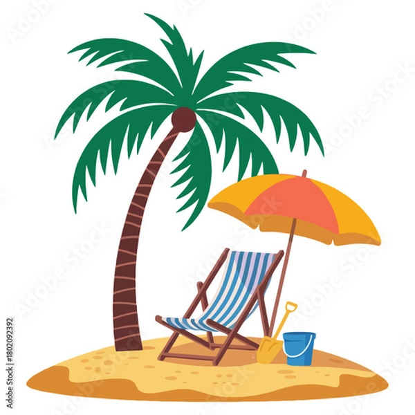 Obraz Vector tropical island beach scene with a palm tree, umbrella, and lounge chair on white background