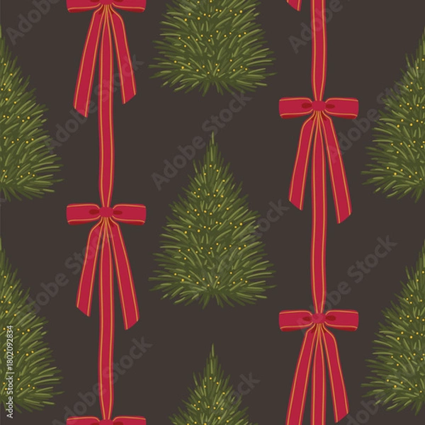 Fototapeta Festive seamless pattern of vertical red ribbon garlands, decorative Christmas trees, and gold-lit swags on a dark background. Elegant, traditional, and warm for fabric and packaging.