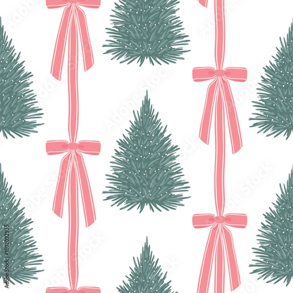 Obraz Stylish seamless pattern featuring decorative Christmas trees and vertical pink ribbon garlands on white. Modern, elegant, and cute for holiday fabric, packaging, and home decor.