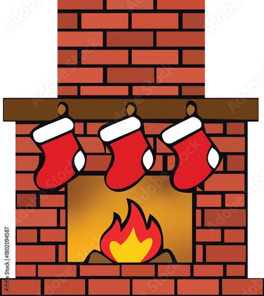 Fototapeta This charming illustration depicts a classic Christmas fireplace adorned with three festive red stockings. The vibrant brick design creates a warm and inviting atmosphere, while the flickering flames 