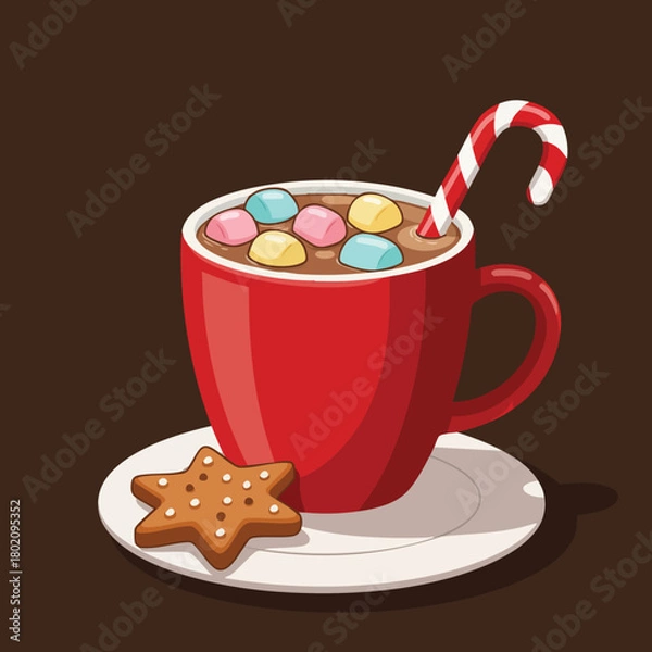 Obraz Hot chocolate cup with colorful marshmallows and cookie on a plate for cozy winter moments 