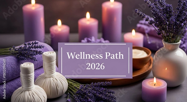 Obraz Soothing relaxation scene with lavender flowers, white towels, and herbal massage instruments, perfect for a 2026 health theme.