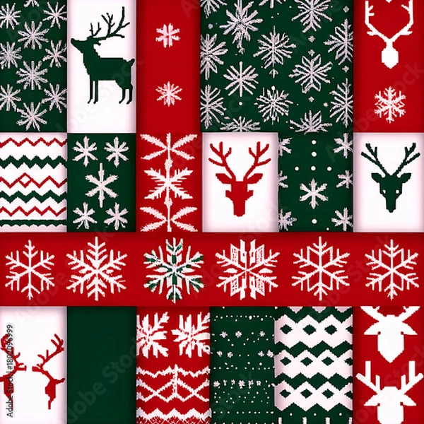 Fototapeta Christmas holiday fabric patterns with snowflakes and reindeer isolated on white background isolated on transparent background