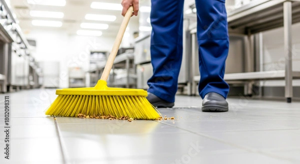 Obraz Worker sweeping floor in commercial kitchen with yellow broom and food scraps , ai generated image