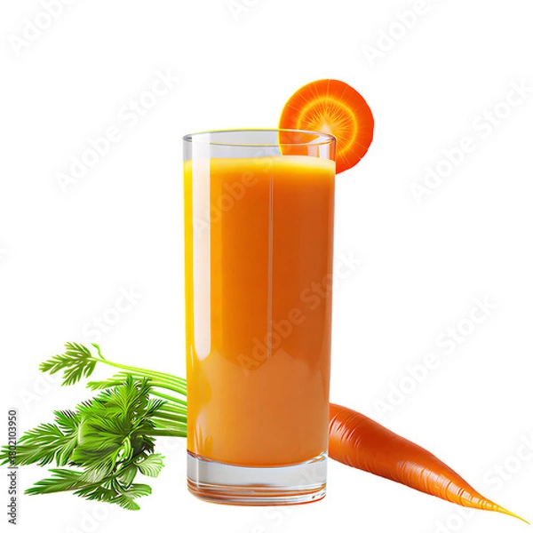 Fototapeta Fresh carrot juice in tall glass with whole carrot and slice garnish on transparent background