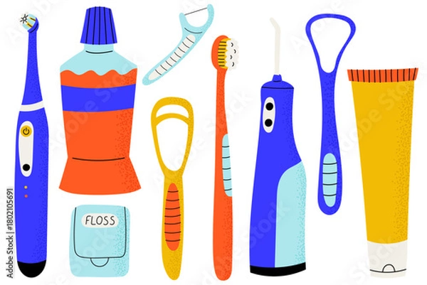 Fototapeta Colorful flat style dental care tools set, including toothbrushes, toothpaste, mouthwash, floss, tongue cleaner and irrigator. Perfect for oral hygiene, medical graphics, packaging and clinic material