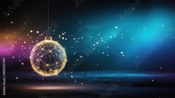 Obraz Golden Christmas ball elegantly hangs against a blurred background of sparkling lights and colored clouds