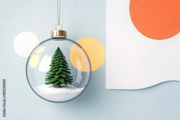 Obraz Christmas tree inside a snow globe ornament hangs near curved white surface