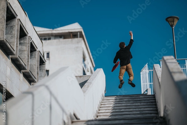Fototapeta A young man in casual clothes leaps mid-air on concrete stairs outdoors. Bright blue sky, modern buildings, and a streetlamp create a dynamic, energetic urban moment.