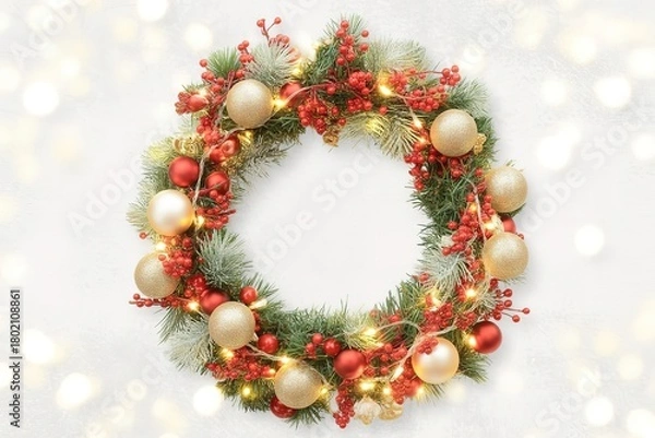 Obraz Festive Christmas wreath adorned with red berries, shiny gold ornaments, and glowing string lights