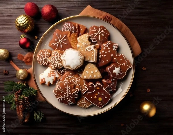 Fototapeta Plate of beautifully decorated christmas cookies, with chocolate, cinnamon and ornaments. Generated with AI