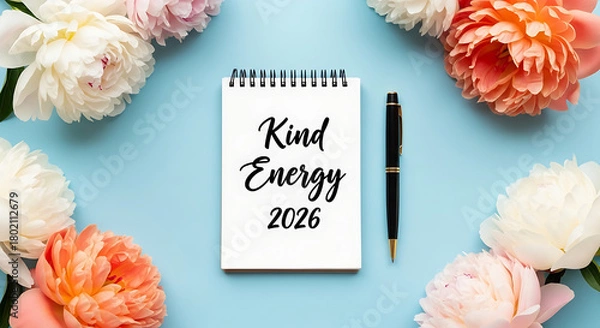 Obraz Minimalist and motivational still life emphasizing wellness and planning for 2026, with a central text element and decorative floral border.