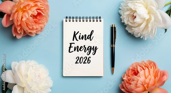 Obraz Kind Energy 2026" written on a spiral notebook, beautifully composed with lush pastel peonies and an elegant gold-tipped pen.