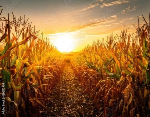 Fototapeta Inside a golden corn maze in an agricultural crop field during sunset or sunrise. Generated with AI