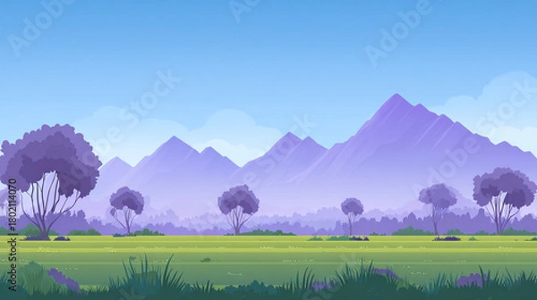 Fototapeta A stylized landscape featuring rolling green hills in the foreground with a single prominent tree, set against a majestic purple mountain range under a light blue sky.
