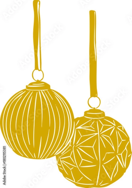 Obraz Minimalist Christmas ornaments line art illustration — elegant hanging baubles with modern geometric and striped designs, simple Scandinavian winter graphic, clean outline vector for seasonal holiday 