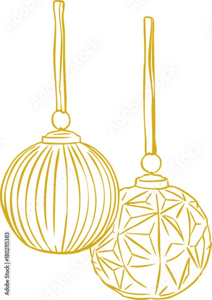 Obraz Minimalist Christmas ornaments line art illustration — elegant hanging baubles with modern geometric and striped designs, simple Scandinavian winter graphic, clean outline vector for seasonal holiday 