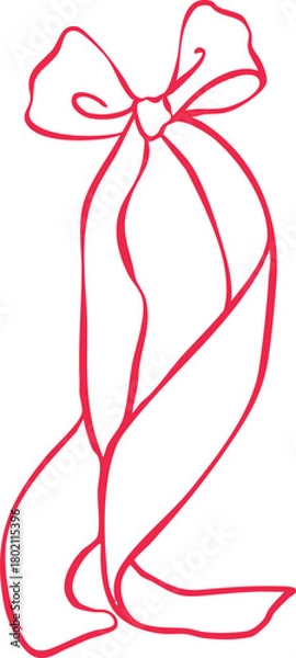 Obraz Minimalist long flowing ribbon bow line art illustration — elegant Christmas decoration, simple Scandinavian holiday graphic, modern outline vector for seasonal winter design projects.