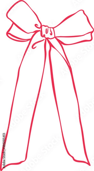 Obraz Minimalist long ribbon bow line art illustration — elegant Christmas decoration with extended tails, simple Scandinavian holiday graphic, modern outline vector for seasonal design projects.