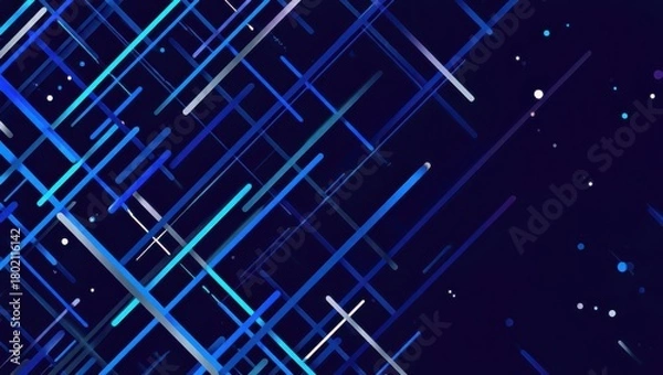 Fototapeta Abstract futuristic background with glowing blue diagonal lines and particles.