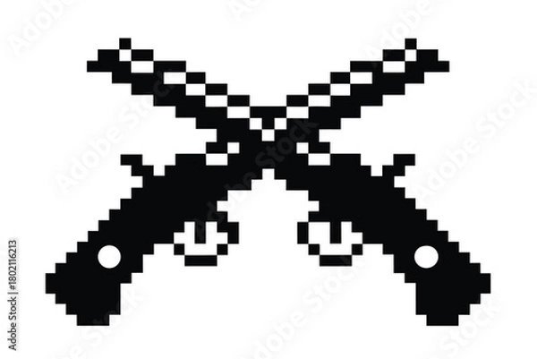 Fototapeta Two crossed pixelated black dueling pistols create an old west symbol on a white background