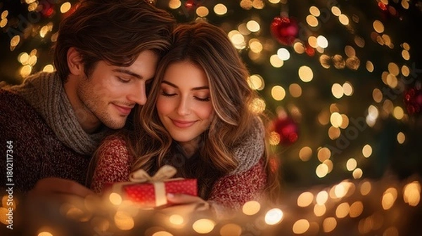 Obraz A young man and woman are exchanging a gift near a Christmas tree