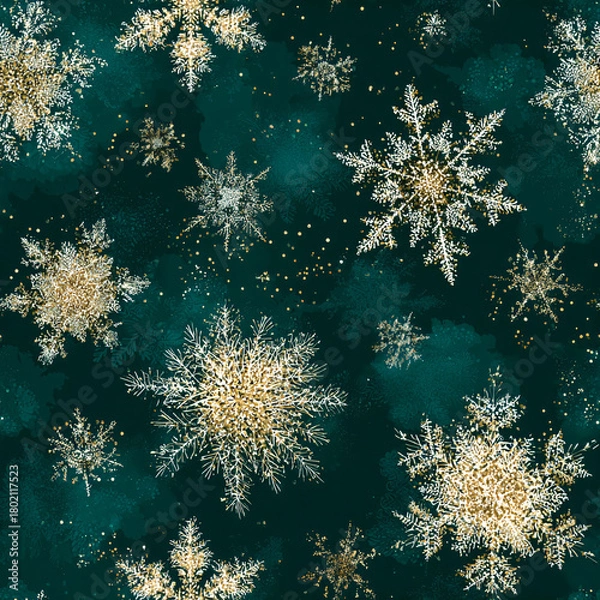 Fototapeta Seamless pattern of delicate ice crystals and gold glitter flakes, deep rich emerald green background, intricate details, vector graphic style, high contrast 