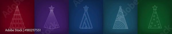 Obraz Set of outline Christmas tree icons. Abstract design. Gradient backgrounds in blue, green, and red colors. Festive decorative holiday greetings. Shining text, sparkling highlights