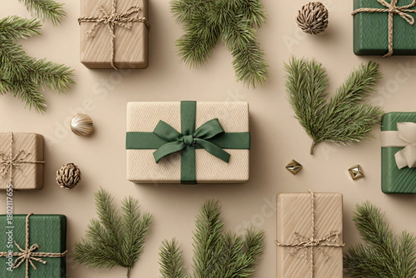Fototapeta Modern flat lay of wrapped gift boxes with simple ribbons, surrounded by pine branches and small geometric ornaments, clean studio lighting, warm beige and forest green colors