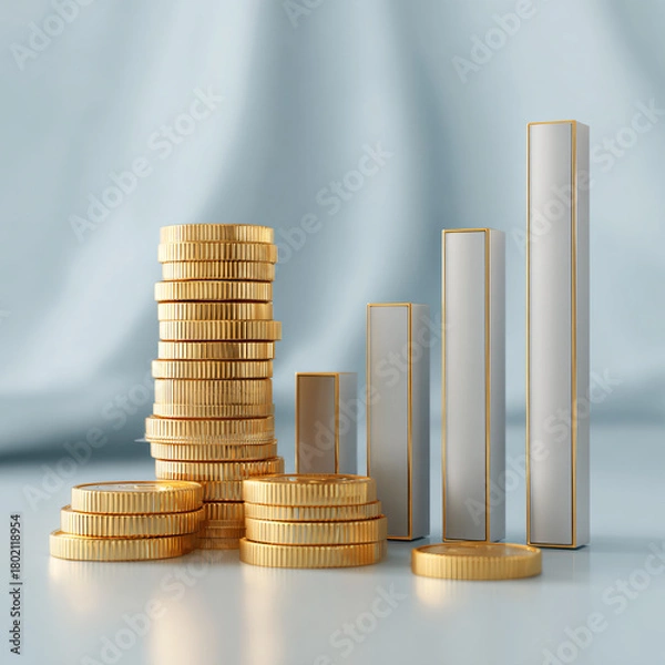 Fototapeta 3D rendering of a stack of abstract, smooth currency coins next to a growing bar chart, soft professional light, minimalist presentation, light blue and gold color scheme 