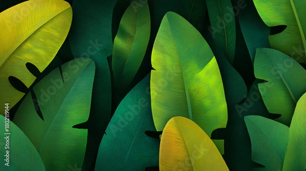 Fototapeta A vibrant, stylized illustration showing a dense tangle of tropical leaves in shades of green and bright yellow against a dark background, featuring white speckles.
