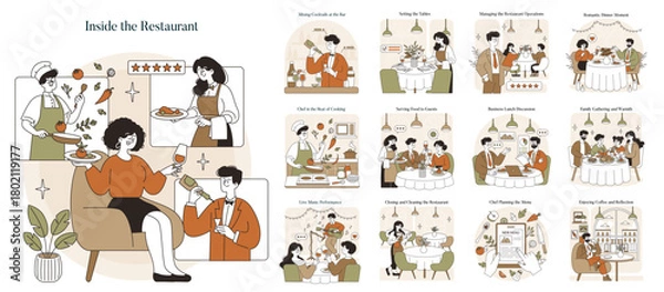 Obraz Restaurant Scenes Illustrating Various Dining Moments