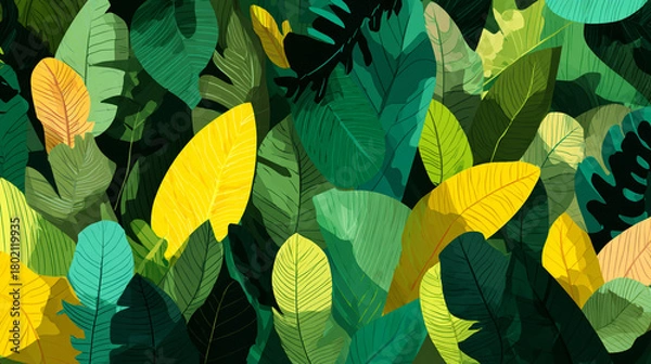 Fototapeta A vibrant, stylized illustration showing a dense tangle of tropical leaves in shades of green and bright yellow against a dark background, featuring white speckles.