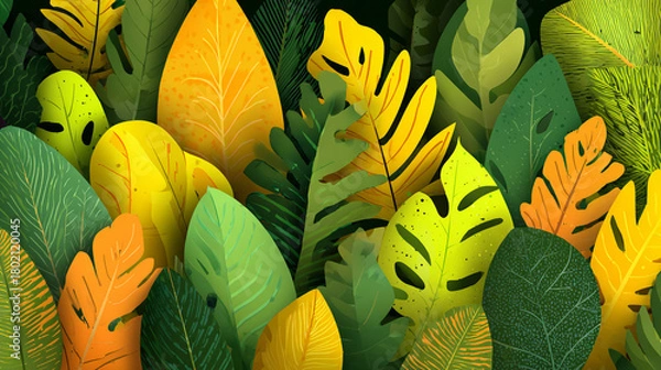 Obraz A vibrant, stylized illustration showing a dense tangle of tropical leaves in shades of green and bright yellow against a dark background, featuring white speckles.