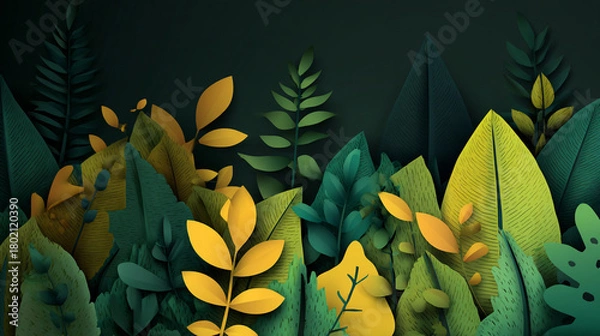 Obraz A vibrant, stylized illustration showing a dense tangle of tropical leaves in shades of green and bright yellow against a dark background, featuring white speckles.